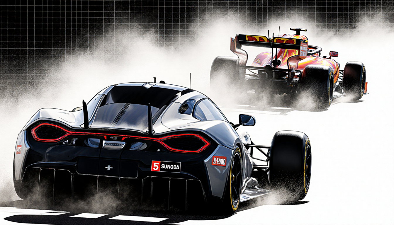 Lando Norris accelerates past Yuki Tsunoda with a dust cloud and a penalty badge on Tsunoda's car.