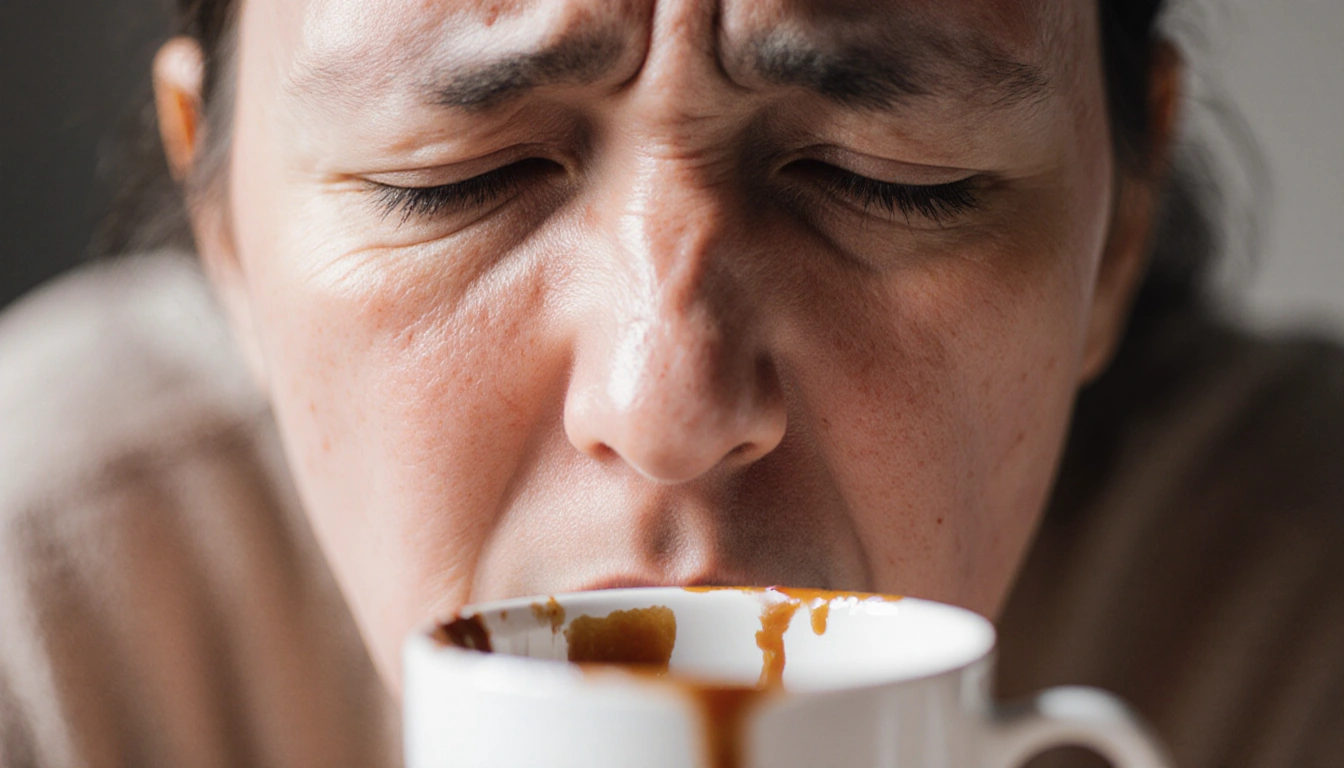 Person showing nausea and vomiting with pale clammy face and a bowl of vomit in foreground