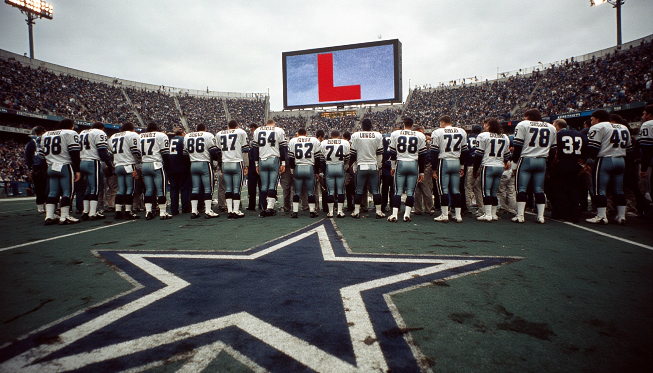 Faded football field displays Dallas Cowboys logo with defeated Eagles fans in 80s jerseys and distant screen replaying loss.