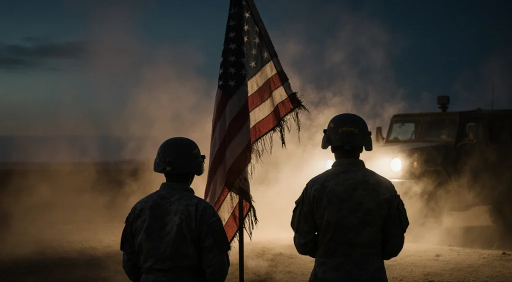 Two soldier helmets standing in front of a tattered American flag with a dark military vehicle silhouette behind.