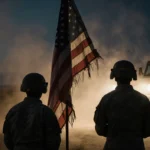 Two soldier helmets standing in front of a tattered American flag with a dark military vehicle silhouette behind.
