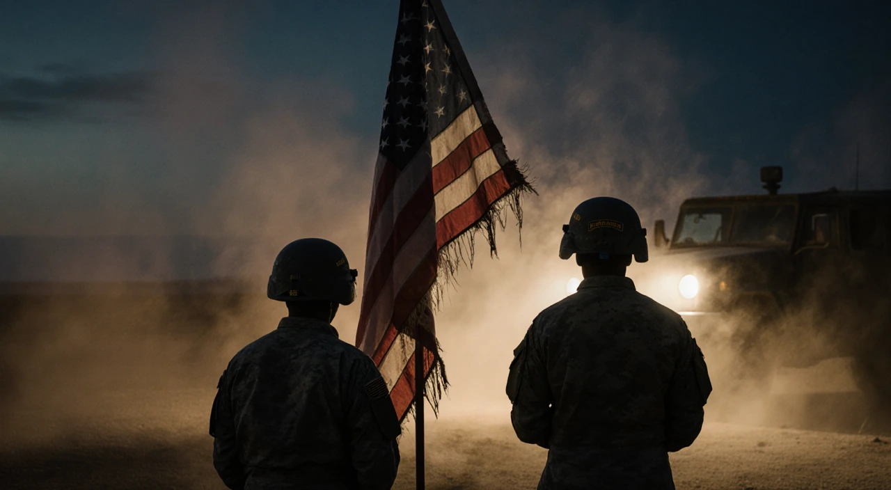 Two soldier helmets standing in front of a tattered American flag with a dark military vehicle silhouette behind.