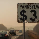 Faded toll booth sign fading dollar signs with Pennsylvania Turnpike road stretching to horizon and cars driving by