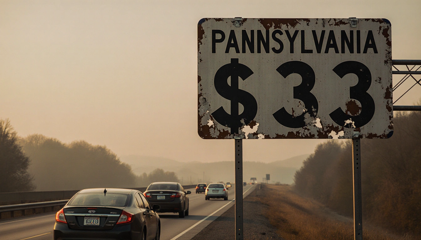 Faded toll booth sign fading dollar signs with Pennsylvania Turnpike road stretching to horizon and cars driving by