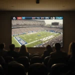 Fans stare blankly at muted college football playoff game on large TV with nostalgic golden glow in dim room