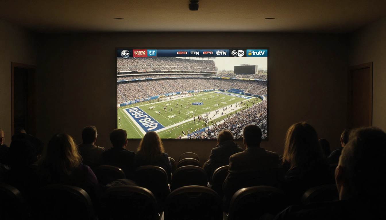 Fans stare blankly at muted college football playoff game on large TV with nostalgic golden glow in dim room