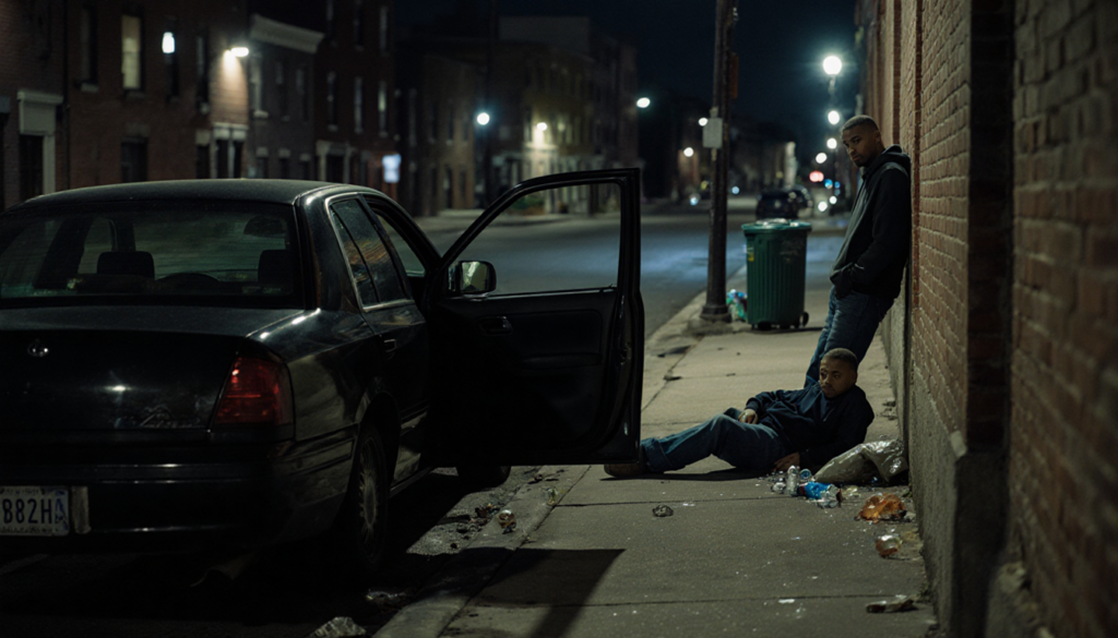 A dark sedan sits parked with a rear door ajar and two men in hoodies on a city sidewalk.
