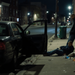 A dark sedan sits parked with a rear door ajar and two men in hoodies on a city sidewalk.