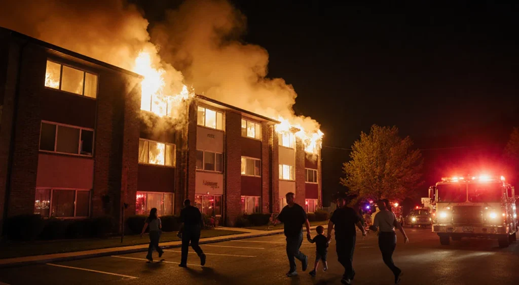 Residents evacuating as flames lick Fairmount apartments with smoke glowing over parking lot and police rushing