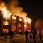 Residents evacuating as flames lick Fairmount apartments with smoke glowing over parking lot and police rushing