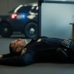 Fallen trooper lying on floor in dim DMV office with badge visible and a memorial flower arrangement nearby