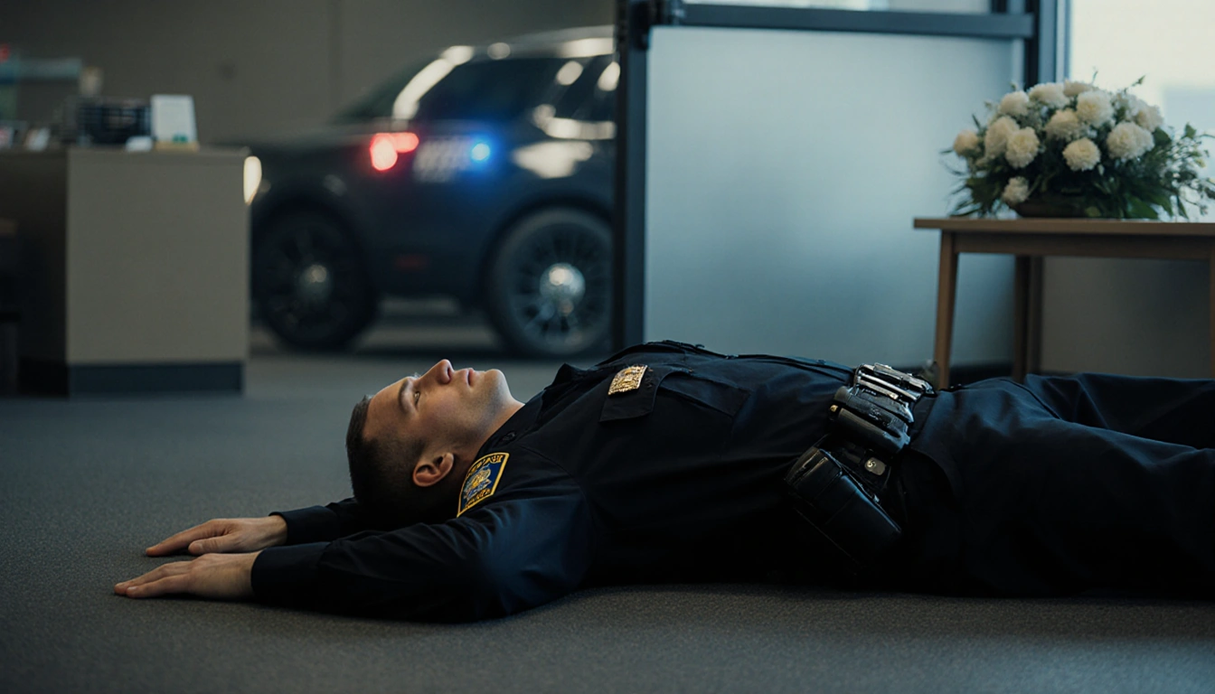 Fallen trooper lying on floor in dim DMV office with badge visible and a memorial flower arrangement nearby
