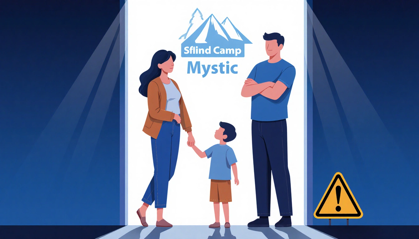 Mother holding child's hand with hopeful smile while father stands arms crossed tense near Camp Mystic logo family divided