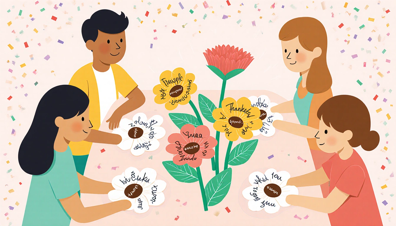 Family gathering around table with paper flowers and handwritten gratitude notes in pastel background
