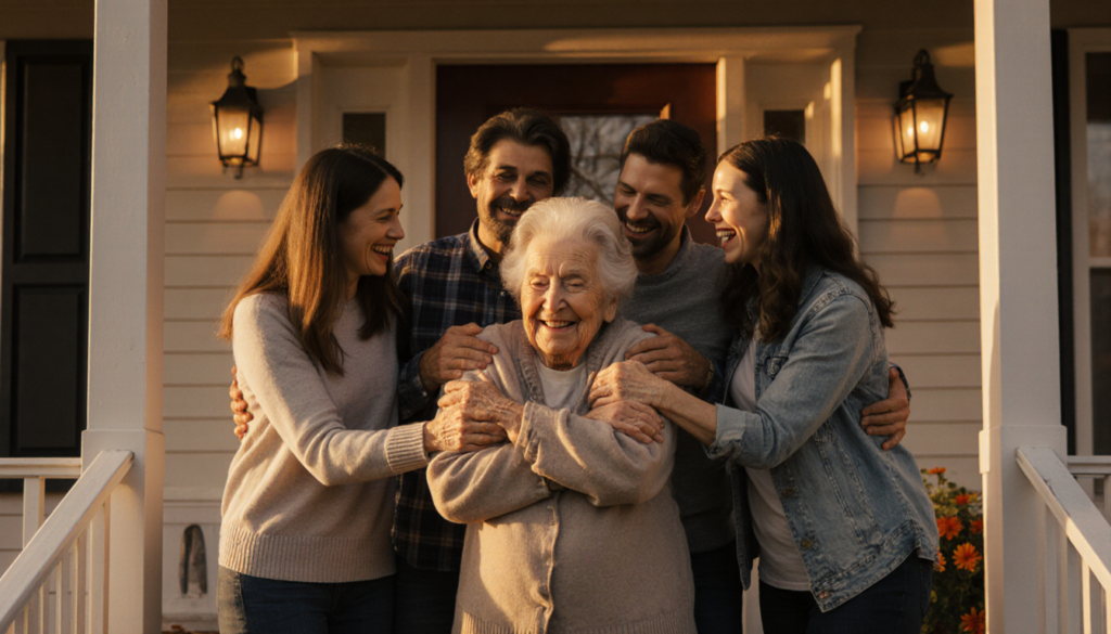 Margaret Hill smiling as family embraces her on porch with warm golden hour light