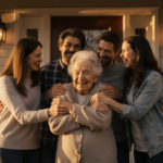 Margaret Hill smiling as family embraces her on porch with warm golden hour light