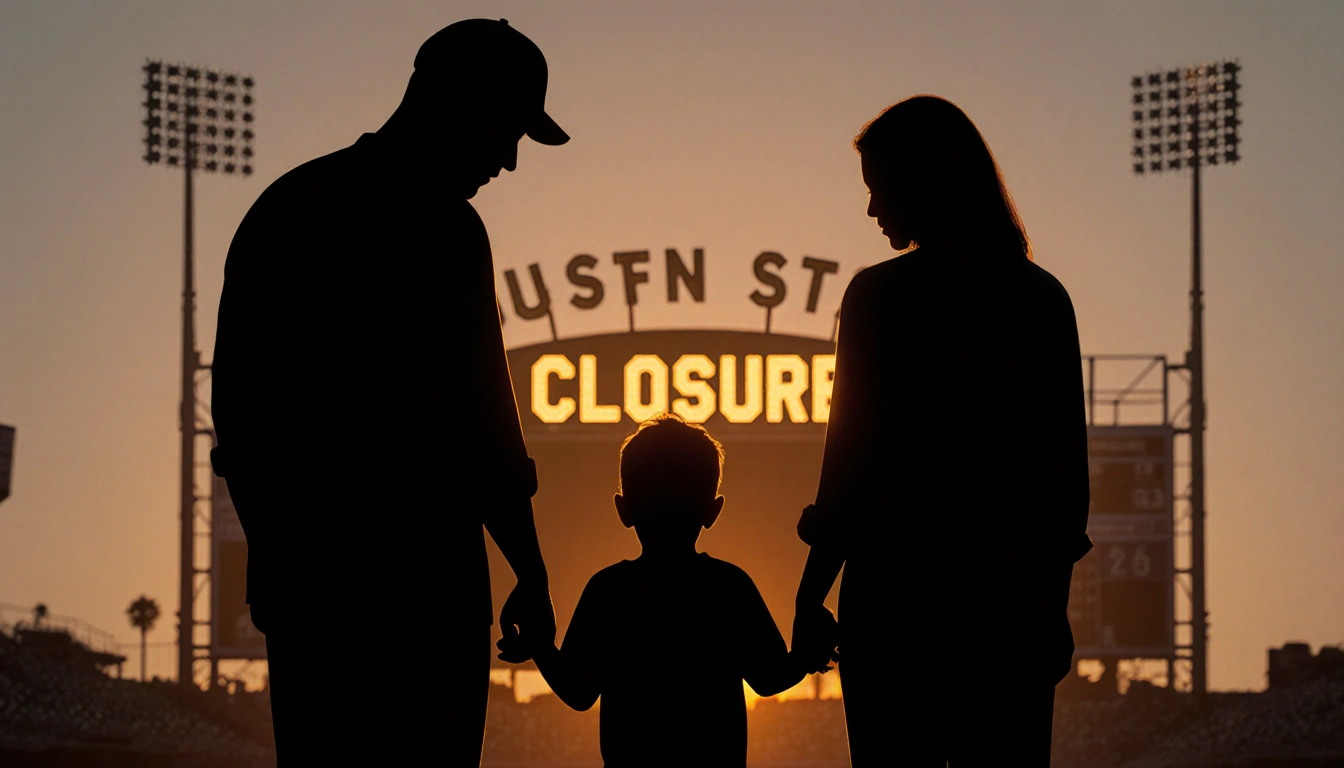 Family silhouette standing together holding hands with sunset glow and stadium scoreboard reading Closure
