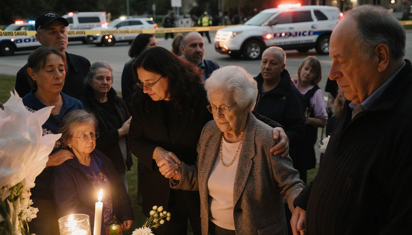 Family members holding hands around a makeshift memorial with warm lighting and police tape in background