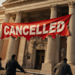 Naturalization applicants standing frozen gripping railing with red CANCELED banner over Faneuil Hall.