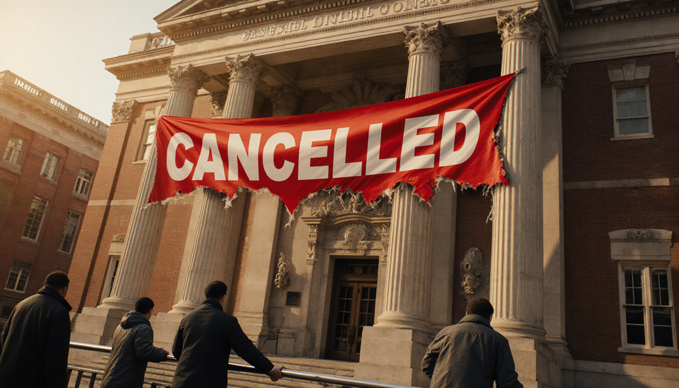 Naturalization applicants standing frozen gripping railing with red CANCELED banner over Faneuil Hall.