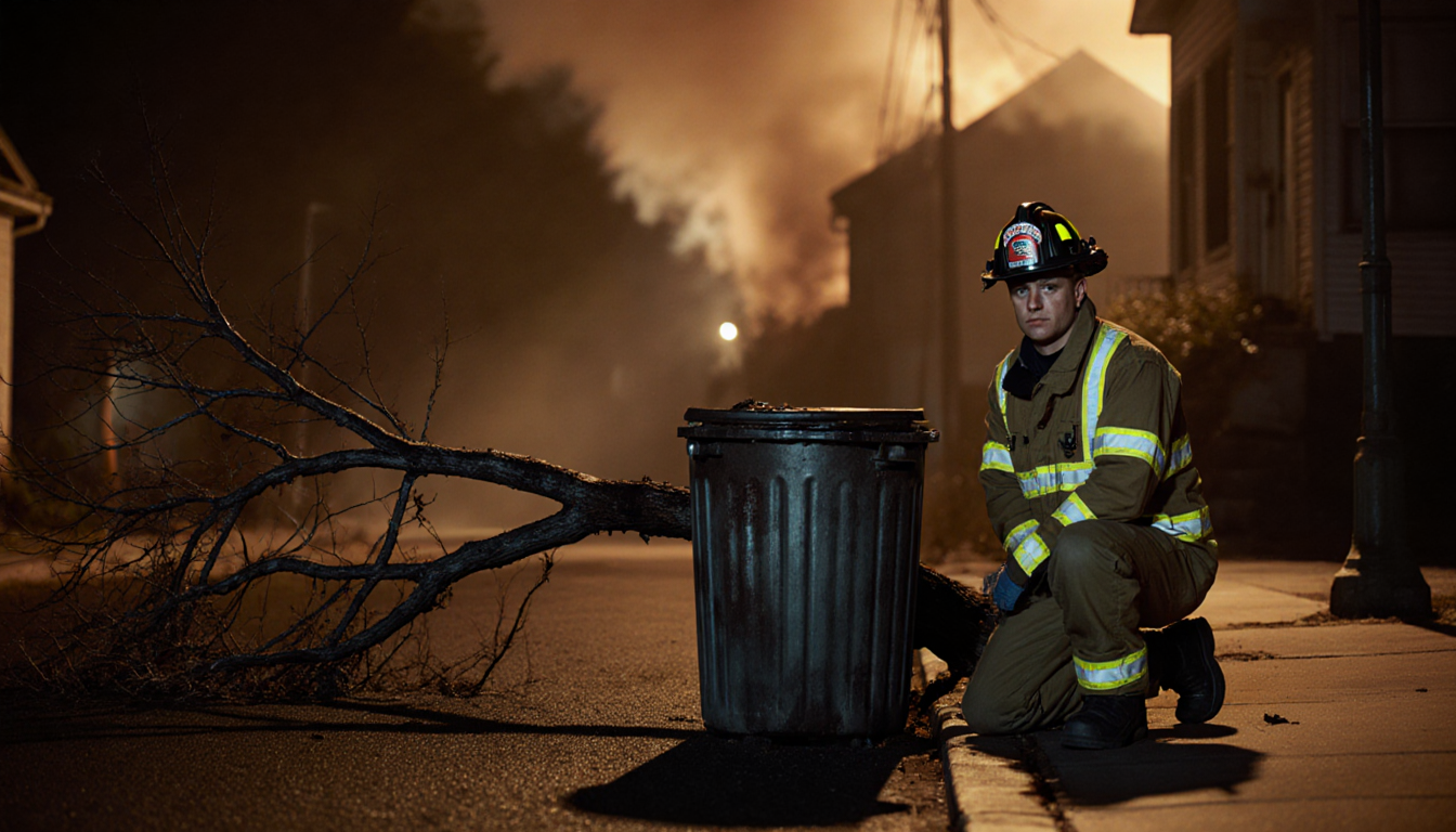 Rescue worker kneeling with concern etched on their face over overturned trash can and smoke still rising.