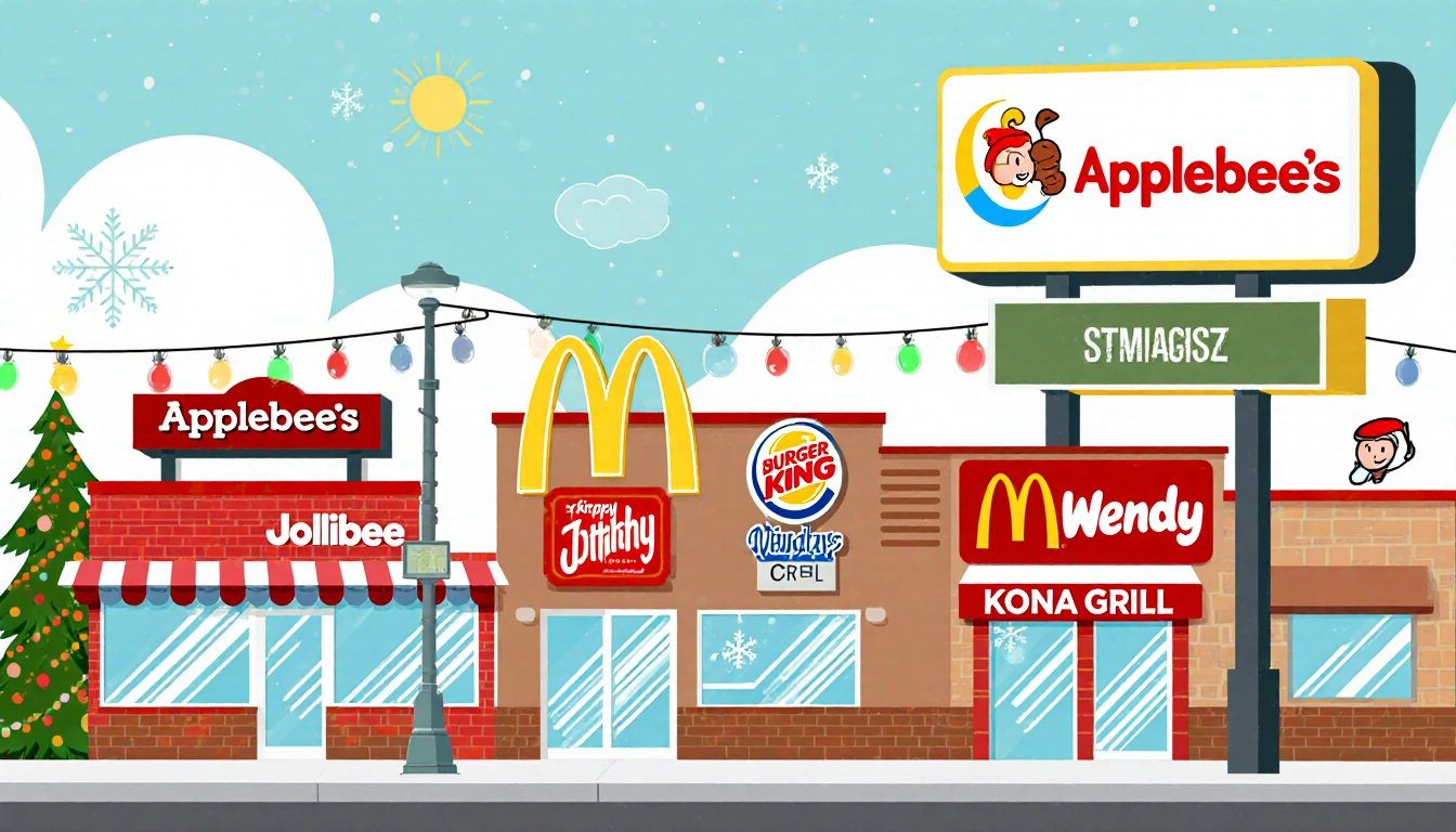 Fast-food strip displays a mix of restaurant signs with Christmas lights overhead