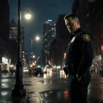 FBI agent standing under streetlamp in Philadelphia with neon‑lit skyline and wet pavement reflecting city lights