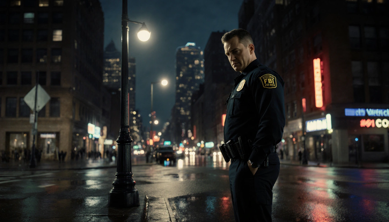 FBI agent standing under streetlamp in Philadelphia with neon‑lit skyline and wet pavement reflecting city lights