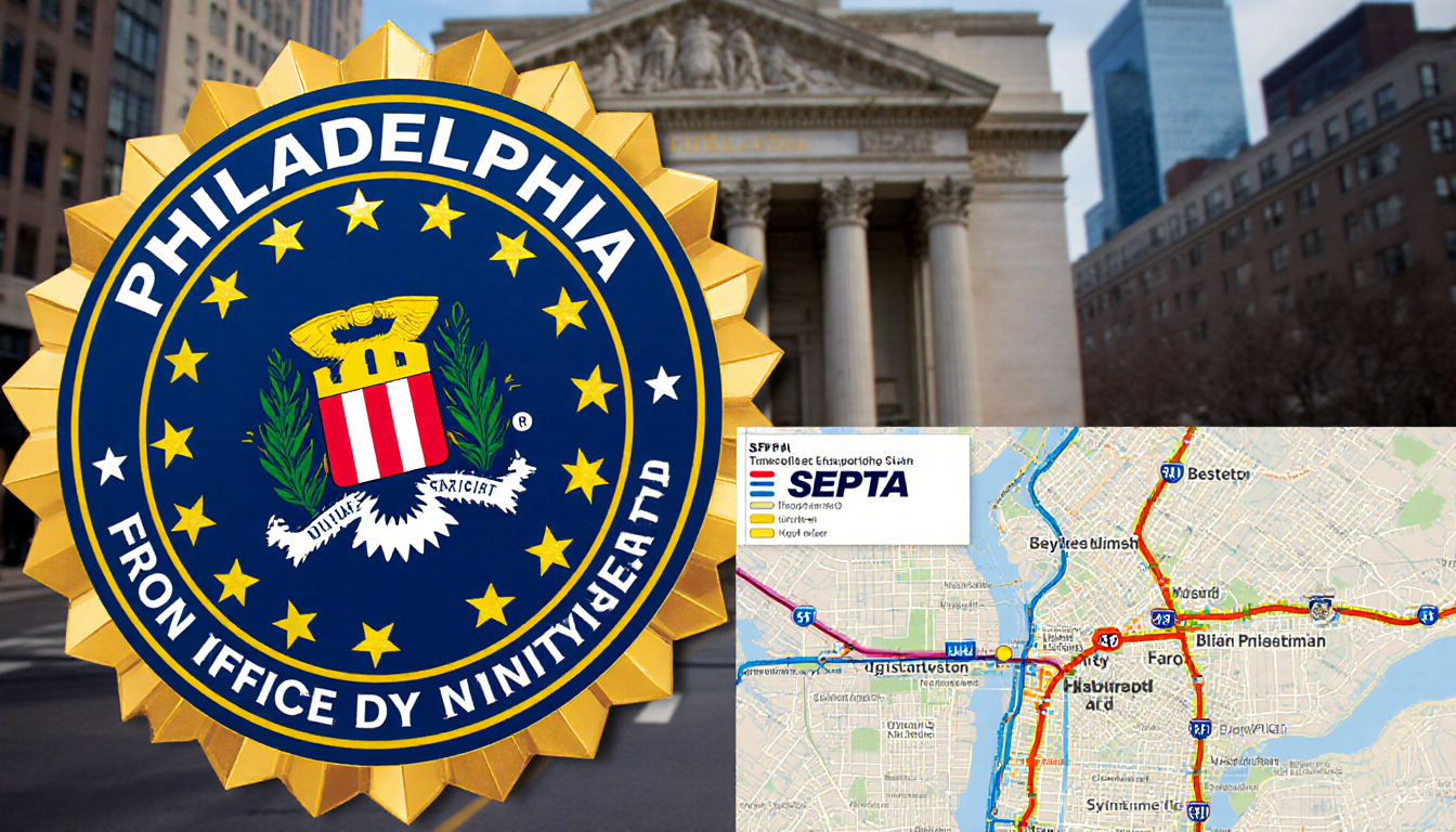 FBI badge displaying with angled perspective over blurred Philadelphia skyline background and a small SEPTA map in foreground