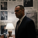 Deputy Director Dan Bongino standing in dim office with lamp shadow and blurred headlines hinting at his resignation