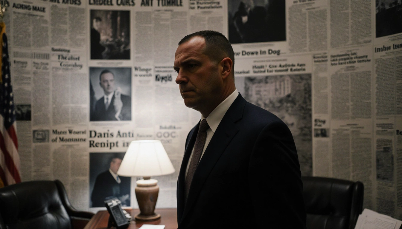 Deputy Director Dan Bongino standing in dim office with lamp shadow and blurred headlines hinting at his resignation