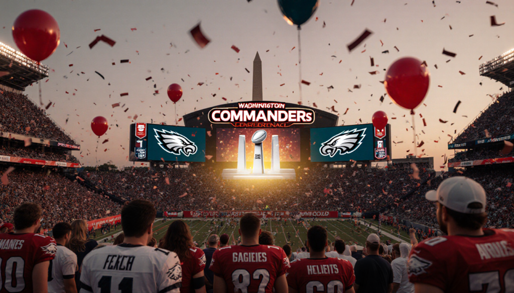 Fans in red and white jerseys cheering around giant screens with confetti floating above and Washington Monument looming.