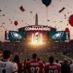 Fans in red and white jerseys cheering around giant screens with confetti floating above and Washington Monument looming.