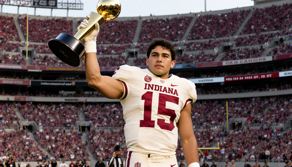 Fernando Mendoza triumphs holding a gold Heisman Trophy with packed Rose Bowl seats in Indiana Hoosier colors lighting scene
