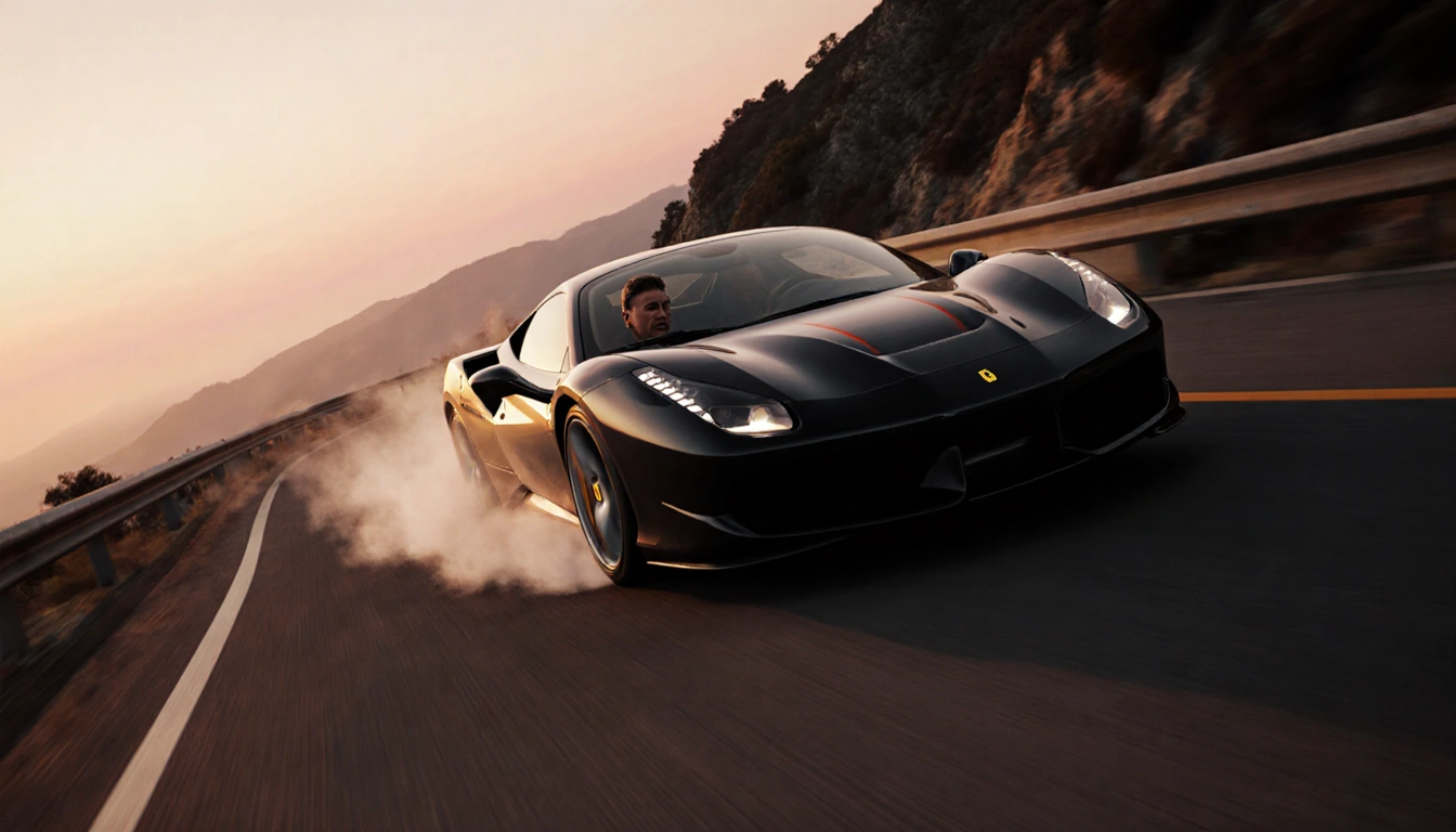 Ferrari 488 GTB veers off the winding Angeles Crest Highway with smoke billowing from the rear wheel and a driver in shock.