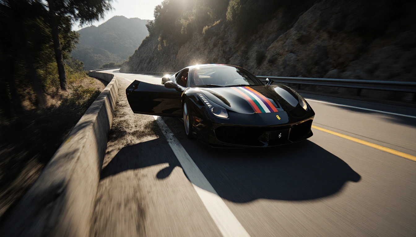 Southbound Ferrari veers off winding mountain road hitting concrete barrier with seatbelt visible and door ajar