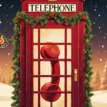 Festive phone booth glowing with red receiver and holiday lights amid snowy landscape