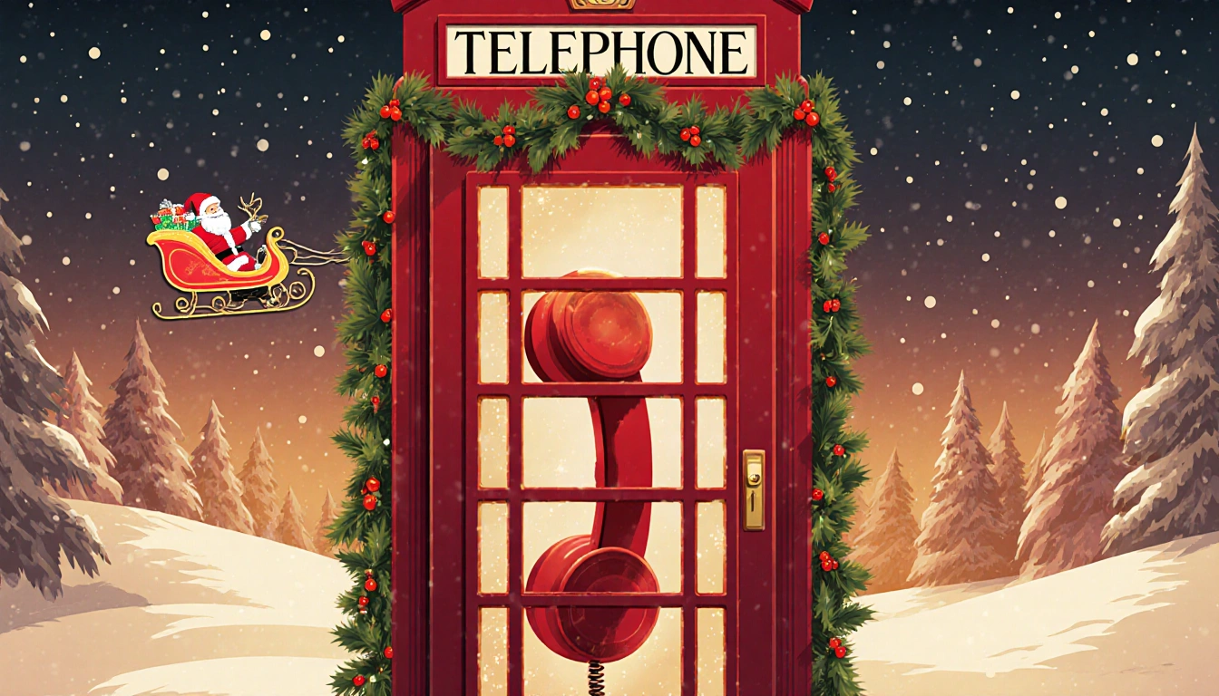 Festive phone booth glowing with red receiver and holiday lights amid snowy landscape