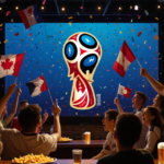 Fans cheering while holding flags with massive LED screen showing FIFA World Cup logo in a packed sports bar