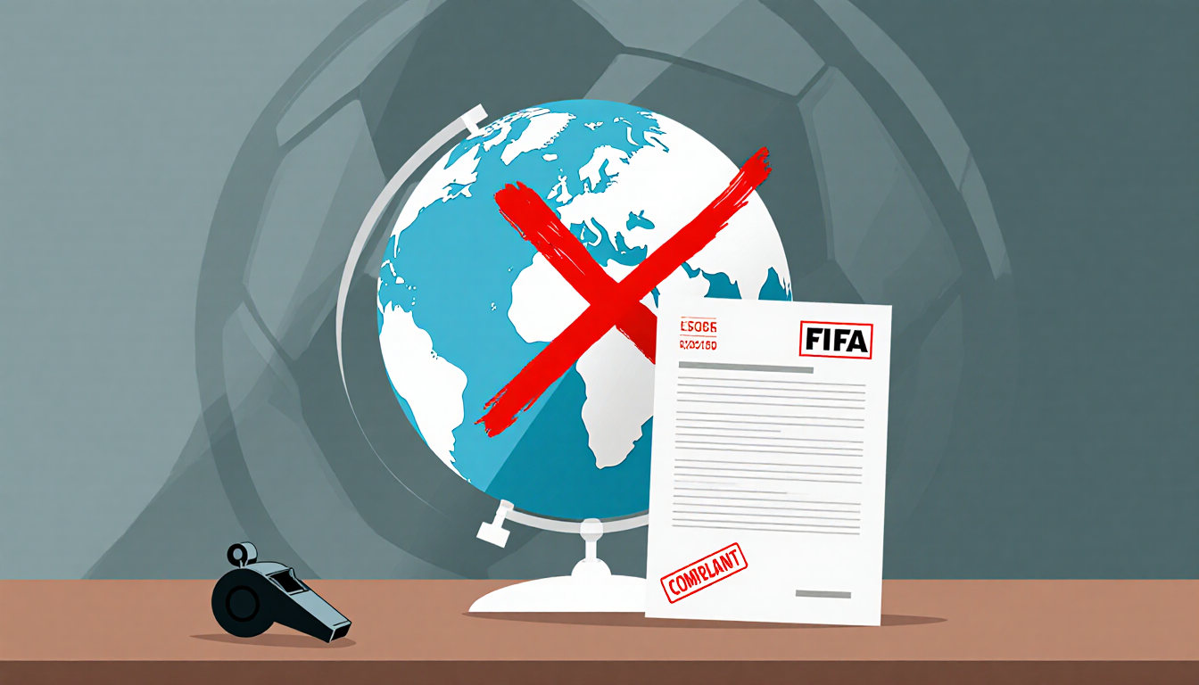 Whistle rests on desk with FIFA logo and a globe marked with red X nearby