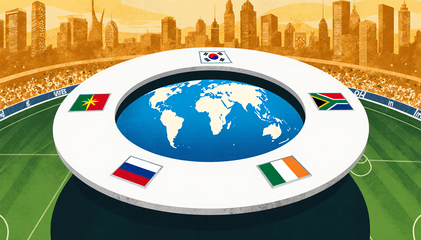 Flags of Mexico South Korea South Africa and playoff winner display around a circular table with a globe center for World Cup