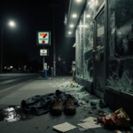 Police spotlight shines on broken shoes and jacket with shattered glass and moonlit reflections.