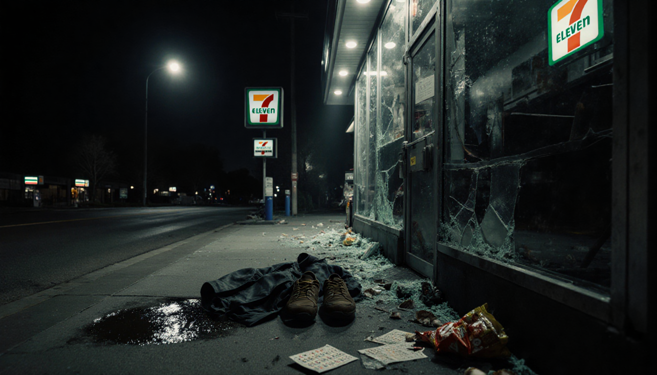 Police spotlight shines on broken shoes and jacket with shattered glass and moonlit reflections.
