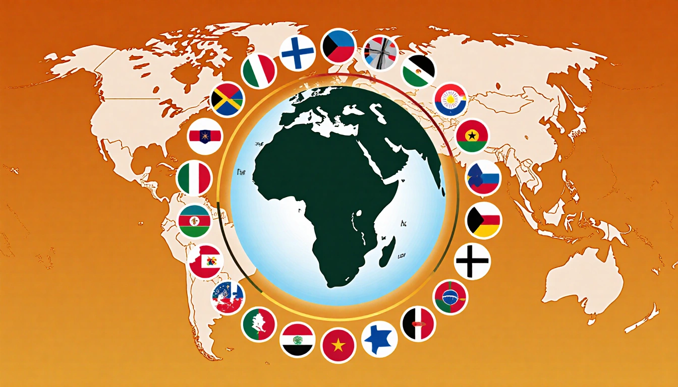 Globe radiating colored concentric circles with Africa at center and surrounding ambassador removal flags