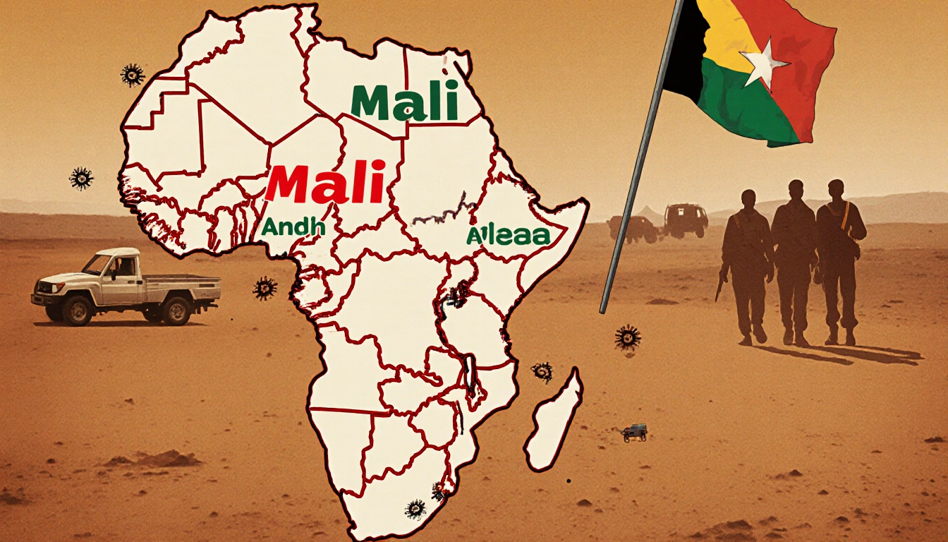 Maps of Mali and Burkina Faso display red lines indicating travel bans with faint armed group silhouettes creating tension