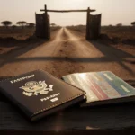 Passports lie on a bench with West African visas as a dusty road leads to a wooden gate under sun