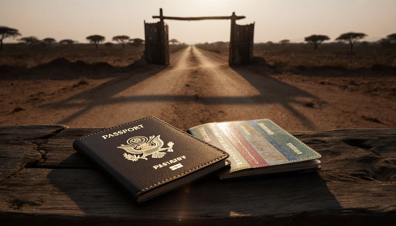 Passports lie on a bench with West African visas as a dusty road leads to a wooden gate under sun