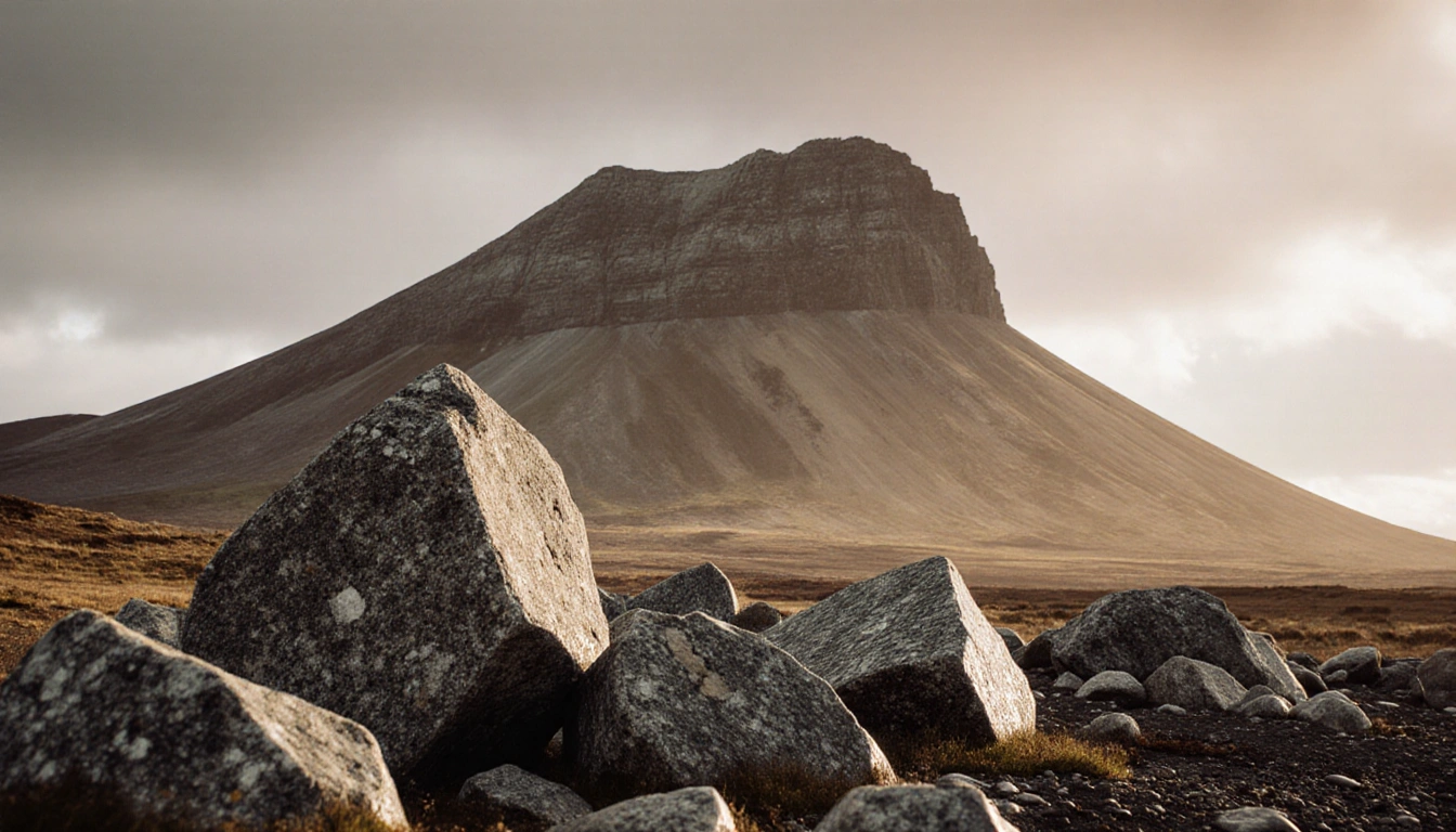 Ailsa Craig's volcanic peak displays granite boulders and light highlighting microgranite fragments for curling stones