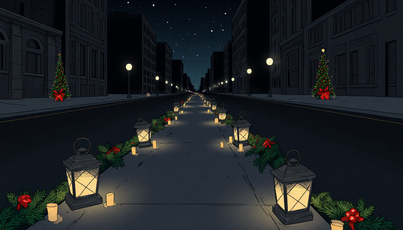 City street depicts a silent pathway with abandoned lanterns and scattered Christmas decorations.
