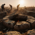 Archaeologists brushing away dirt from ancient stone hearth with golden dawn light and charred wood remains.